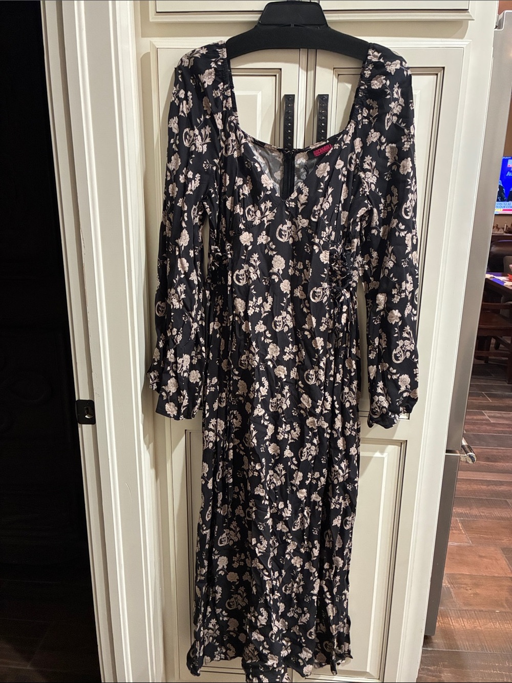 Black Floral Maxi Dress with Cream Print - Women Dresses Maxi